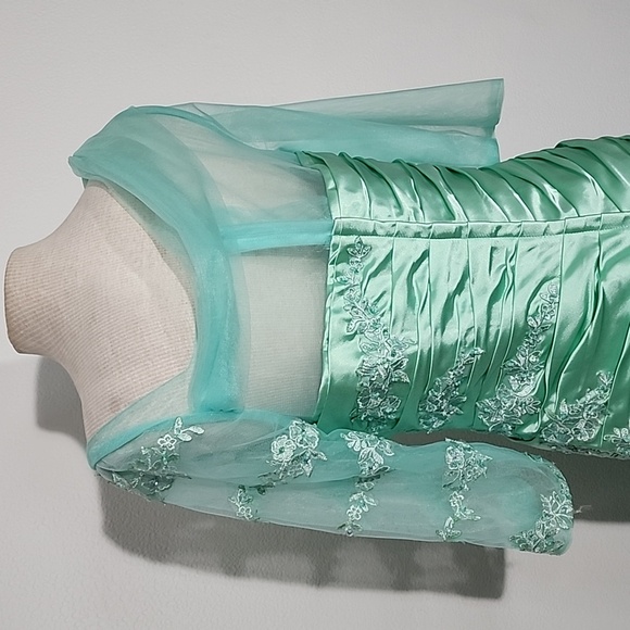 Dress Ruched Satin Sequins Floral Applique Green Satin Dress Size 16 - Picture 9 of 15